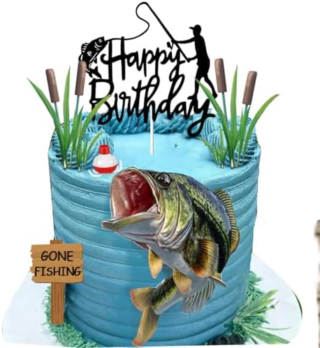 Gone Fishing Cake Topper with Largemouth Bass Sign Fisherman Happy Birthday Sign