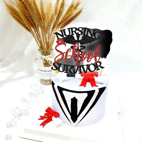 Nursing School Survivor Cake Topper, Congrats RN/BSN/NP/LPN, Nurse Grad Graduation Party Decorations Supplies, Black and Red Glitter