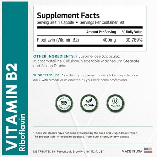 ForestLeaf Vitamin B2 Riboflavin 400mg - Energy, Skin & Cellular Health Supplement - Nervous System Support - Vitamin B 2 VIT B - Non-GMO & Gluten Free - B2 Vitamin 400mg Vegetable Capsules, 90 Count