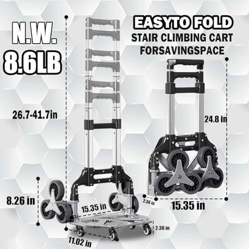 Stair Climbing Cart, 330LB Capacity Collapsible Stair Climbing Dolly,Cart for Stairs with Bungee Cord and Swivel Wheels 50L Shopping Bag,Hand Trucks for Moving Shopping, Office Use (Black)
