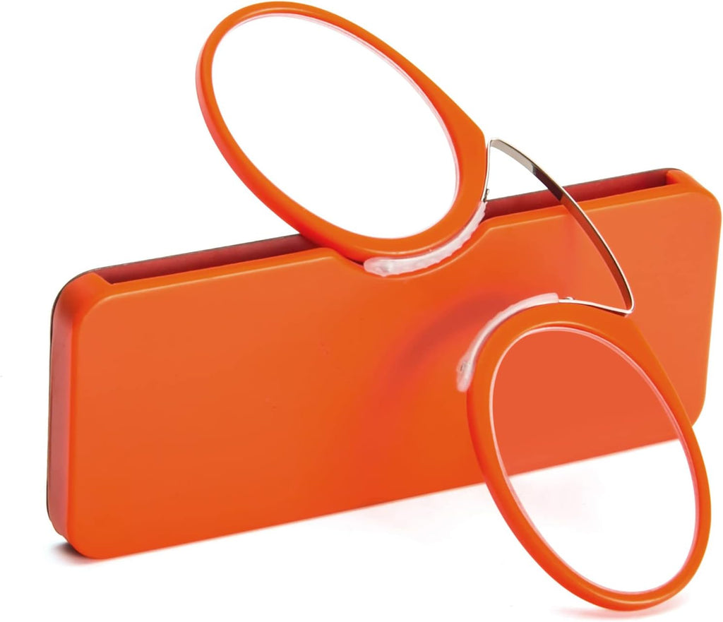 REAVEE Ultra Thin Armless Reading Glasses for Men Women, No Temple Pinch Nose Clip on Readers Small Pocket with Mini Portable Case, Orange +2.5