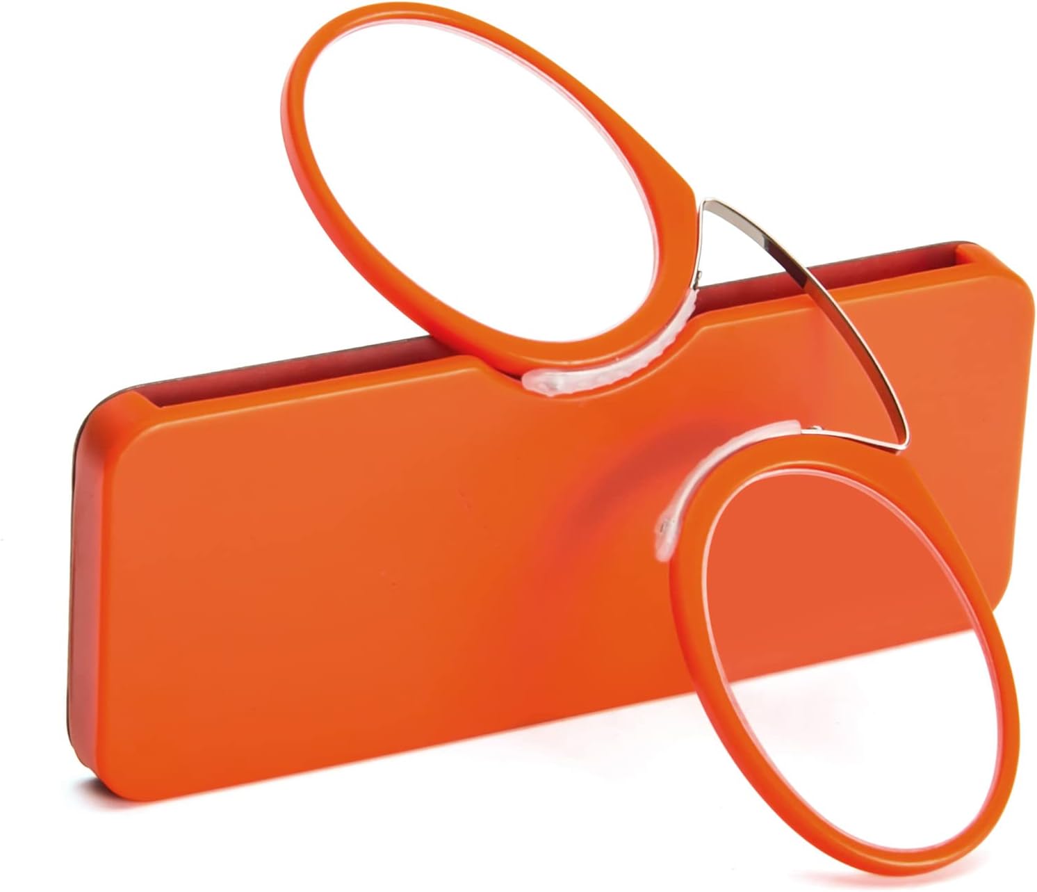REAVEE Ultra Thin Armless Reading Glasses for Men Women, No Temple Pinch Nose Clip on Readers Small Pocket with Mini Portable Case, Orange +2.5