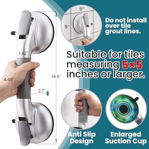 TAILI Grab Bars for Bathtubs and Showers,2 Pack Shower Handles for Elderly Suction,Maximum 330lbs,Shower Bar with Upgraded Rubber Suction Cups,Safety Grip for Senior, No Drilling Removable,Silver
