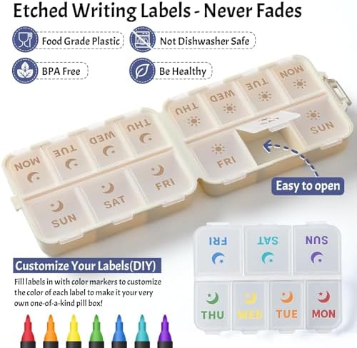NEW Foldable & Double Protection Portable Weekly Pill Organizer 2 Times A Day with Etched Labels, AM PM 7 Day Week Medicine Box, Daily Travel Pill Case Holder Dispenser for Vitamin, Supplement - Khaki