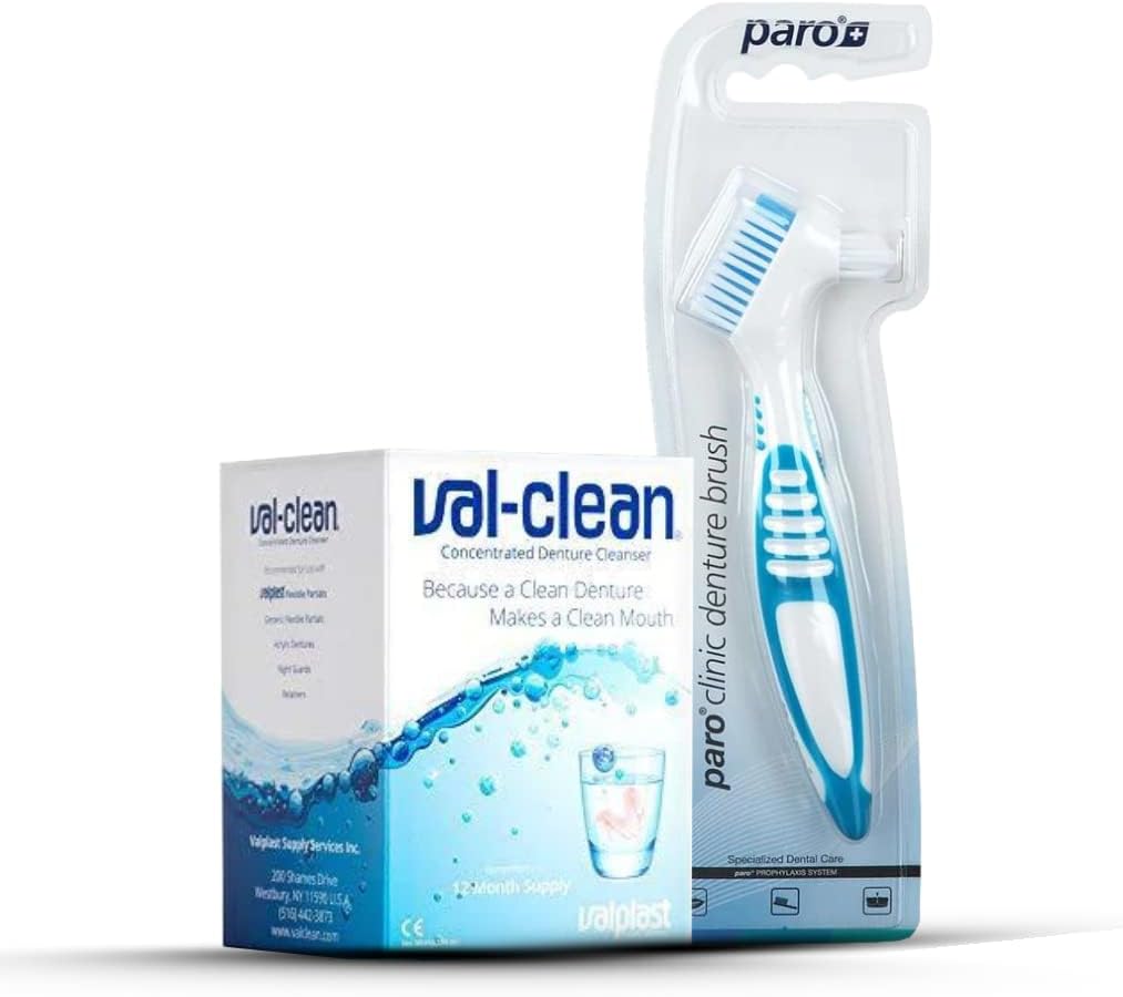 Yourdent-USA Val-Clean Concentrated Denture Cleaner & Paro Clinic Dual-Head Denture Brush Set – 1-Year Supply for Effective Cleaning of Dentures, Retainers & Night Guards