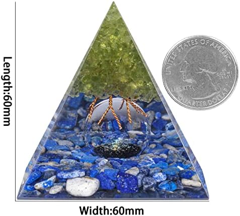 Amogeeli Peridot Crystal Tree of Life Orgone Crystal Pyramid with Glass Sphere, Healing Stone Orgonite Pyramid for Meditation Reiki Yoga Home Decoration