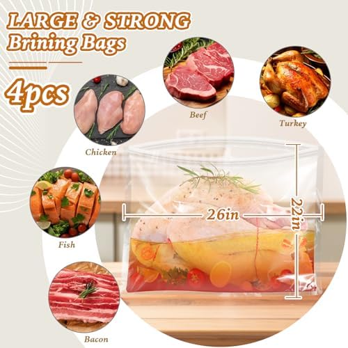 TWOWYHI 4 Packs Brining Bags for Turkey 26"×22" Large Turkey Brine Bags Holds up 35lb with Thickened Zipper 3PCS Strings for Thanksgiving Chicken Beef