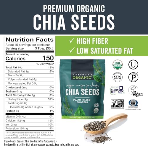 Viva Naturals Organic Chia Seeds, 1 lb, 16 Oz – Plant-Based Omega-3 and Vegan Protein, Gluten Free & Non-GMO, Perfect for Smoothies, Salads & Chia Pudding