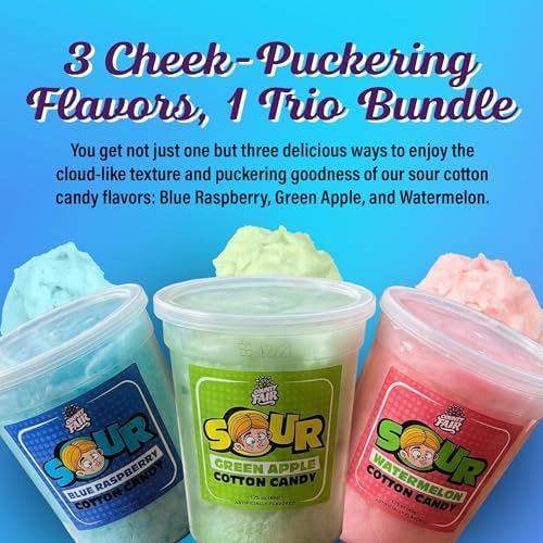 County Fair Sour Cotton Candy Trio Bundle, Tangy Snacks, Ready-to-Eat Blue Raspberry, Green Apple & Watermelon Cotton Candy Treats for Kids/Grown-Ups, Pack of 3 Tubs (1 per Flavor/1.75 oz Ea)
