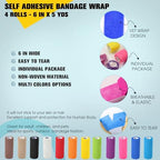 4 Pack Self Adhesive Bandage Wrap, 6 in x 5 Yards Non-Woven Self Adherent Cohesive Bandage, Vet Wrap Wound Tape for Thumb Finger Wrist Knee Ankle, Blue