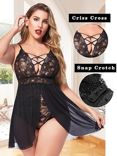 Avidlove Plus Size Babydoll Womens Snap Crotch Lingerie V Neck Lace Nighty Sleepwear L-5XL
