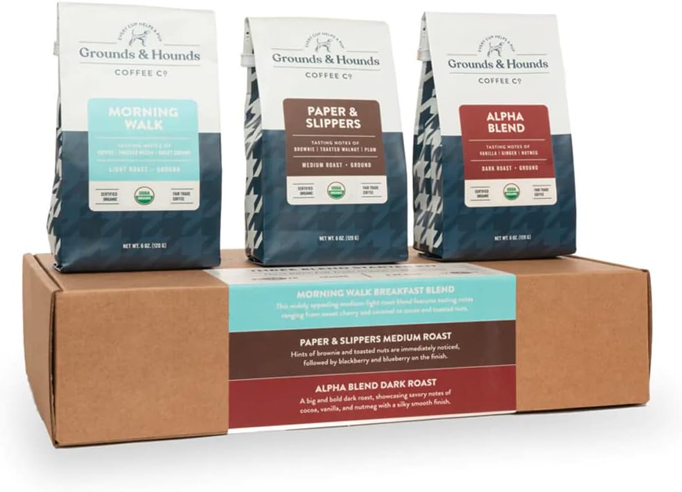 Grounds & Hounds Three Blend Starter Kit, Organic Whole Bean Coffee Variety Pack, Includes Morning Walk Breakfast Blend, Paper & Slippers Medium Roast, and Alpha Blend Dark Roast, Three 6oz Bags