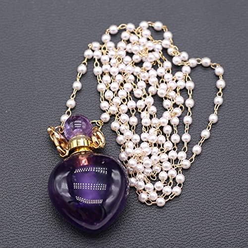 1pcs Natural Amethyst Stone Perfume Bottle Pendant Pearl Bead Chain Rectangle Heart Necklace for Women Jewelry Free Accessory Glasses