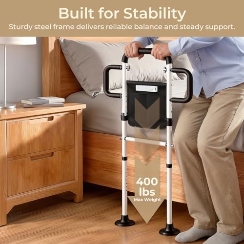 Bed Rails for Elderly Adults Safety, 400 Lbs Support for Seniors, ASTM-Certified Height Adjustable Bed Assist Rail with Motion Sensor Light, Triple Non-Slip Handles & Dual Storage Pockets