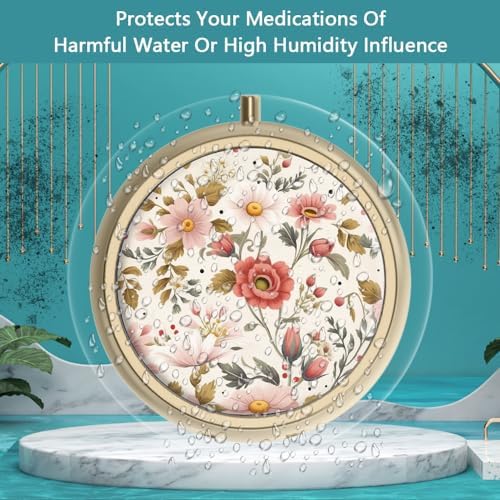 Pill Organizer Pill Box with Mirror Retro Small Pill Case for Purse or Pocket Bronze Pill Box or Vitamins, Fish Oil, Supplements, Pill Containe Travel Gifts（2PCS-Retro Red Flowers）