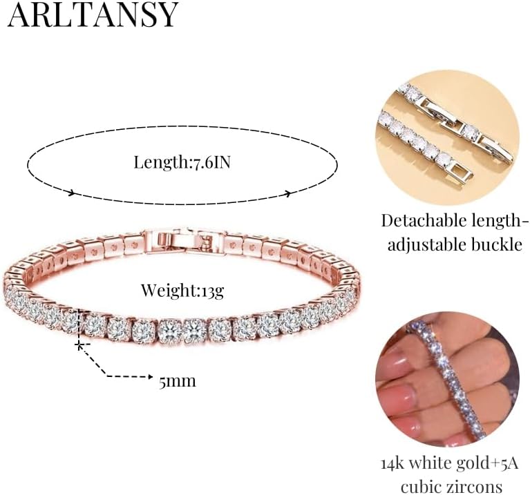 14K White Gold Plated 5mm Cubic Zirconia Tennis Bracelet for Women and Men, Classic Silver Diamond Tennis Bangle Bracelets, Adjustable Detachable 7.6IN Length, Suitable for Everyone