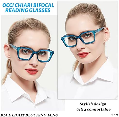 OCCI CHIARI Designer Bifocal Reading Glasses Women 2.0 Blue Light Blocking Oversized Readers 1.0 1.5 2.0 2.5 3.0 3.5(Blue,2.0)