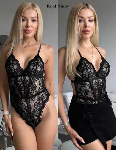 Avidlove Sexy Lace V Neck Teddy Corset Bodysuit Lingerie Top 2 Piece Set with Garter Belt