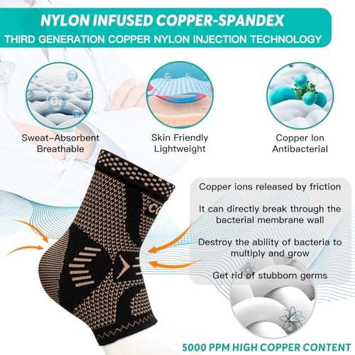 INDEEMAX Ankle Brace for Sprained Ankle Compression Sleeve, 2 Pack Copper Infused Ankle Support Brace for Women & Men, Plantar Fasciitis Relief Achilles Tendonitis, Sports Running, Copper Black, XL