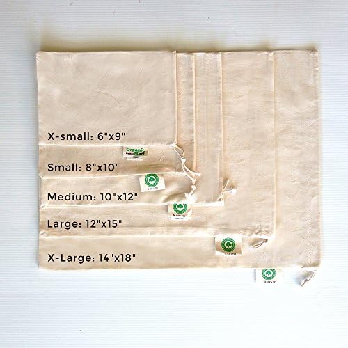 Reusable Produce Bags Cotton Washable - Organic Cotton Vegetable Bags - Cloth Bag with Drawstring - Muslin Fabric Produce Bags - Bread Bag - Set of 6 (2 Large, 2 Medium, 2 Small)