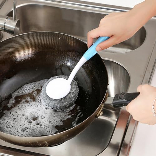 Healeved Wire Brush Cleaning Ball with Handle 9.84X3.54X0.39 Inch Ergonomic Kitchen Dishwashing Brush for Pots Pans Glasses Steel Scrubber