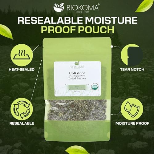 Biokoma Organic Coltsfoot Leaves 50g 1.76oz USDA Organic Tussilago farfara Dried Herb Cut & Sifted Respiratory Support Soothing Herbal Tea Resealable Bag No Additives No Preservatives No GMO Kosher
