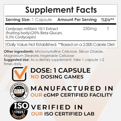 Nootropics Depot Cordyceps Mushroom Capsules |10:1 Whole Fruiting Body Extract | 250mg | 180 Count | Cordyceps militaris