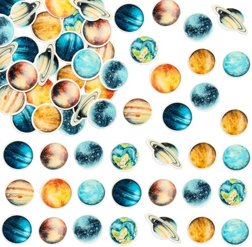 Ephlyn 54Pcs Edible Outer Space Cupcake Toppers Wafer Paper Solar System Galaxy Universe Planets Cupcake Picks for Baby Shower Boys Girls Birthday Outer Space Themed Party Cake Decorations