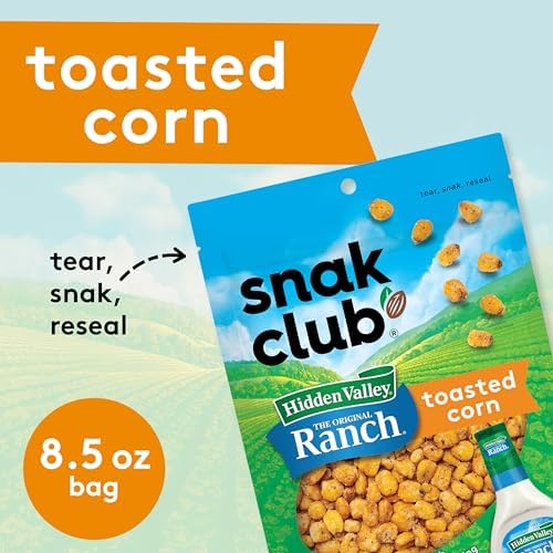 Snak Club Toasted Corn with Hidden Valley Ranch Seasoning, Roasted and Salted Corn Nuggets, Gluten-Free and Kosher Snack, 8.5 oz Resealable Bag