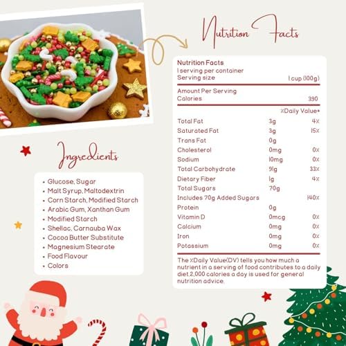 Christmas Sprinkles Mix for Baking & Cookie Decorating | 4.6 oz Red and Green Holiday Sprinkles with Xmas Trees, Candy Canes, Sugar Pearls | For Cakes, Cupcakes & Festive Desserts