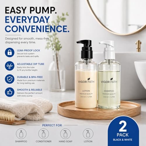 Universal Shampoo/Conditioner Dispenser Pump for Bottles, Leak Proof, Pump Top Fits 1 L/33.8 oz Bottles, 28/410 Neck Size, (Variety Pack of 2)