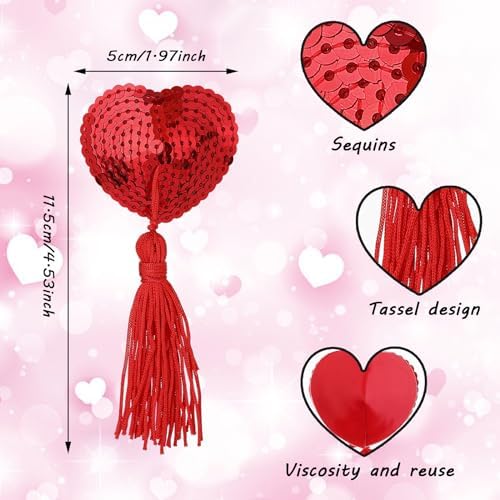Women Breast Pasties Halloween Reusable Nipple Stickers Cover Adhesive Heart-Shaped Breast Bra with Sequins Tassel (Red)