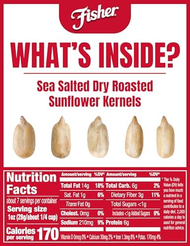 Fisher Dry Roasted Sunflower Seeds Kernels with Sea Salt, 7.25 oz, Sunflower Seeds to Eat, Gluten-Free, No Sugar Added, Crunchy Snacks for Adults, Perfect for Salads, Yogurt, & On-the-Go Snacking