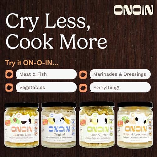 ONOIN Chopped Onions in 100% Olive Oil - Seed Oil Free & Ready-to-Use Flavor Base & Topping | Variety Pack 9 oz (Pack of 4) In Glass Jar | Fresh Marinated Onions & All Natural Cooking Base for Sauces, Soups, & Recipes