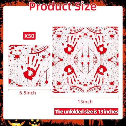 50 Pieces Halloween Bloody Handprint Napkins, Disposable Paper Napkins with Blood Splatter Design for Horror-Themed Parties, Haunted House Decorations, Halloween Dinner, and Scary Table Settings