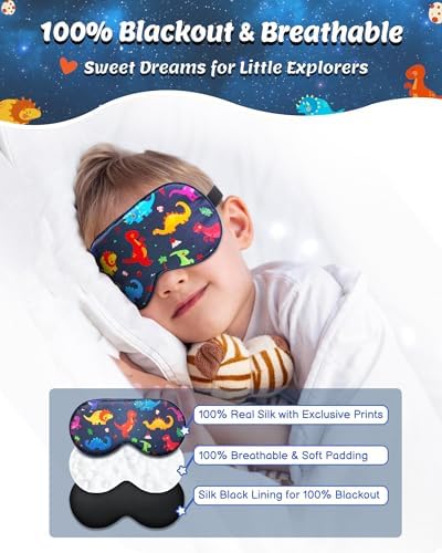 BeeVines Kids 100% Real Mulberry Silk Sleep Mask 2 Pack, Original Design Pure Silk Sleeping Eye Masks for Boys, Skin-Friendly Blackout Eye Cover, Adjustable Strap, Reduce Puffy Eyes, for Travel Gifts