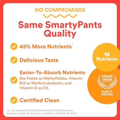 SmartyPants Kids Multivitamin Gummies, Omega 3 (DHA/EPA), Vitamins D3, C, B12, B6, Vitamin A, K & Zinc, Gluten Free, Three Fruit Flavors, 60 Count (30 Day Supply)