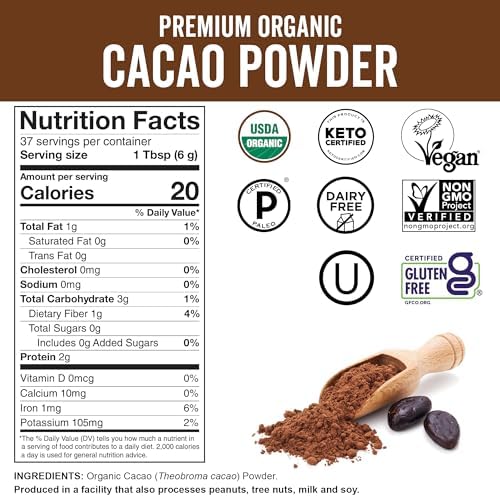 Organic Cacao Powder, Unsweetened, 8 oz (227 g) – Rich Dark Chocolate Flavor, Perfect for Baking, Smoothies & Hot Chocolate – Vegan, Keto, Paleo, Non-GMO & Gluten-Free Cocoa Powder