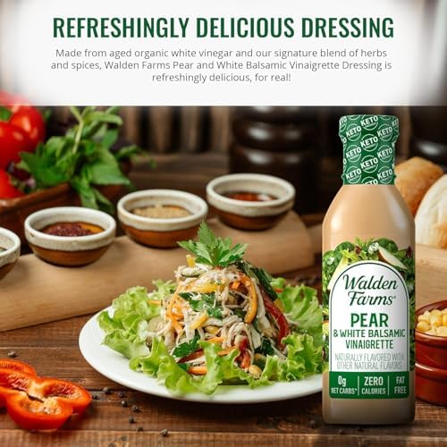 Walden Farms Pear & White Balsamic Vinaigrette – Calorie-Free, Gluten-Free, Low Carb, Keto-Friendly, Vegan, Sugar-Free Salad Dressing with Sweet Pear & Balsamic Flavor – 12 oz Bottle