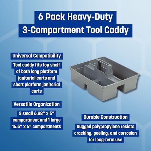 Carlisle FoodService Products Janitorial 6pk Tool Caddy - 3-Compartment Organizer for Janitorial Cart, Durable Polypropylene Construction, Portable and Versatile for Commercial Use (6 Pack)