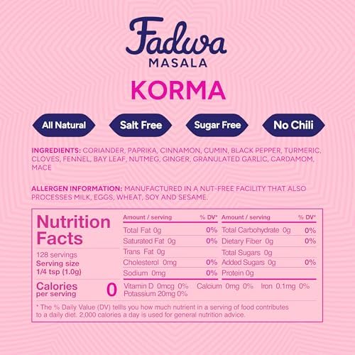 Fadwa Masala Korma Spice Mix - 4.5 oz Jar, Salt & Sugar Free, Non-Spicy Authentic Desi Spices for Pakistani & Indian Cooking, Curry, Garam Masala - No Artificial Ingredients - Gluten Free