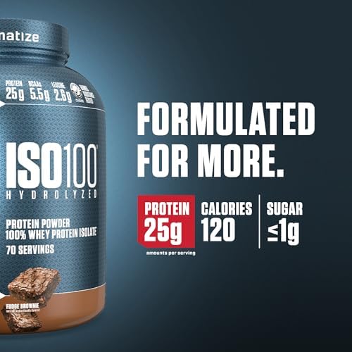 Dymatize ISO100 Whey Protein Powder Isolate, Fudge Brownie, 25g of Protein, 5 Pound, 5.5g BCAAs, Less Than 120 Cal., Gluten Free, 1g Fat, 1g Sugar, 2g Carb (70 Servings)