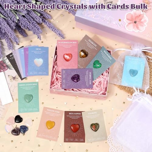 15Pcs Heart Crystals and Healing Stones Bulk, 0.8" Natural Polished Heart Shaped Rocks Gemstones with Meaning Cards for Meditation Balancing Chakra Reiki Spiritual Valentines Mother's Day Gifts