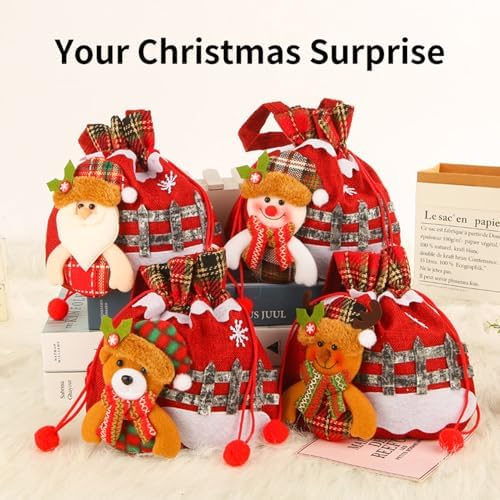 8 Pcs Christmas Gift Bags With Drawstring,Cute Bear Santa Claus Snowman Apple Bags Christmas Candy Storage Pack For Festival Party