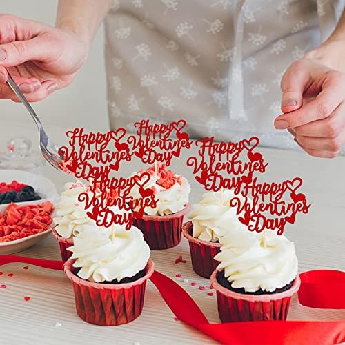 24 Pack Happy Valentine's Day Cupcake Toppers with Heart Glitter Sweet Love Theme Valentine's Day Cupcake Food Picks Valentine's Day Theme Birthday Party Cake Decorations Supplies Red