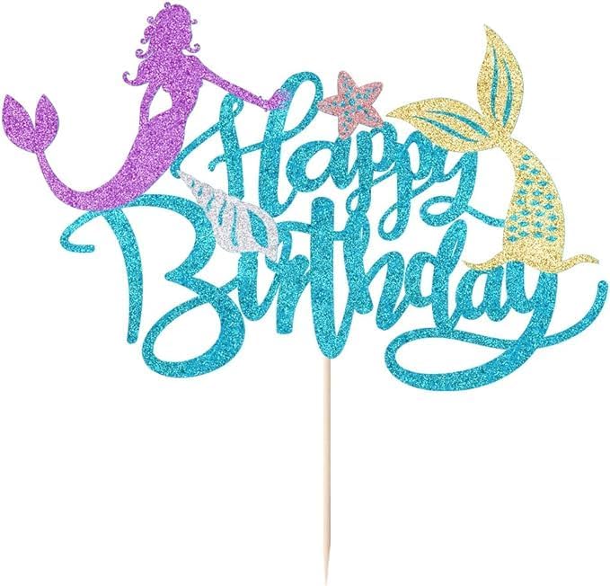 Sleyberoy Glitter Mermaid Happy Birthday Cake Topper - Mermaid Under The Sea Theme Cake Topper, Baby Shower Gender Reveal Party, Birthday Party Supplies (1)