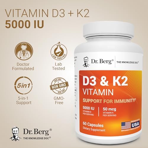 Dr. Berg Maximum Strength 2-in-1 Vitamin D3 K2 5,000 IU | Naturally Derived D3 | 4X Lab-Tested & Verified | High Absorption Formula | K2 D3 Vitamin Supplement - 60 Capsules