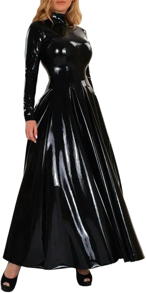 Plus Size Womens Wetlook PVC Maxi Dress Turtleneck Pleated High Waisted Long Gown Sissy Party Wear