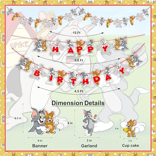 "Tom & Jery Theme Birthday Party Supplies – Cartoon Character – Complete Birthday Decoration Set with Banner, Cake Topper, Cupcake Toppers and Party Accessories for Boys & Girls"