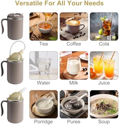 VOPHIA Senior Water Cup Sippy Cups for Elderly, 13.5oz Spill Proof Cup, 3 in 1 Stainless Steel Sippy Cup with Lids, No Spill Feeding Cups for Patient Disabled Maternity Drink Water Milk Soup (Coffee)